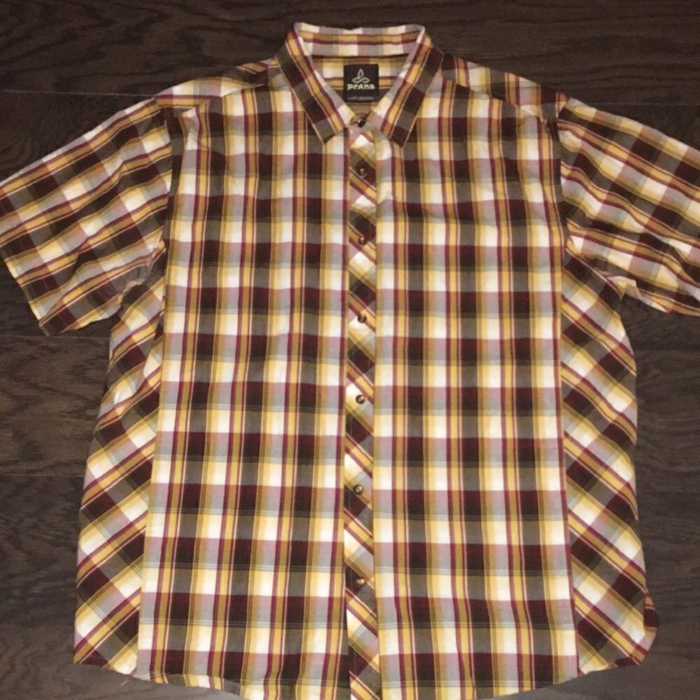 India cotton short sleeve mens $95 Plaid PrAna Breath Snap down travel shirt xL